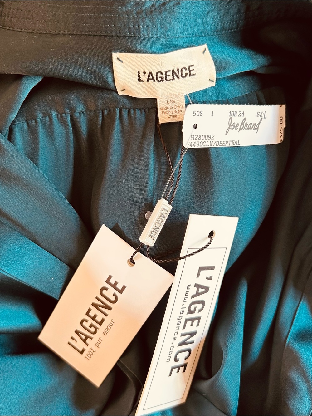 L’AGENCE 100% Silk Deep Teal Long Sleeve Blouse Top Size Large NWT Luxe Designer - Picture 7 of 8